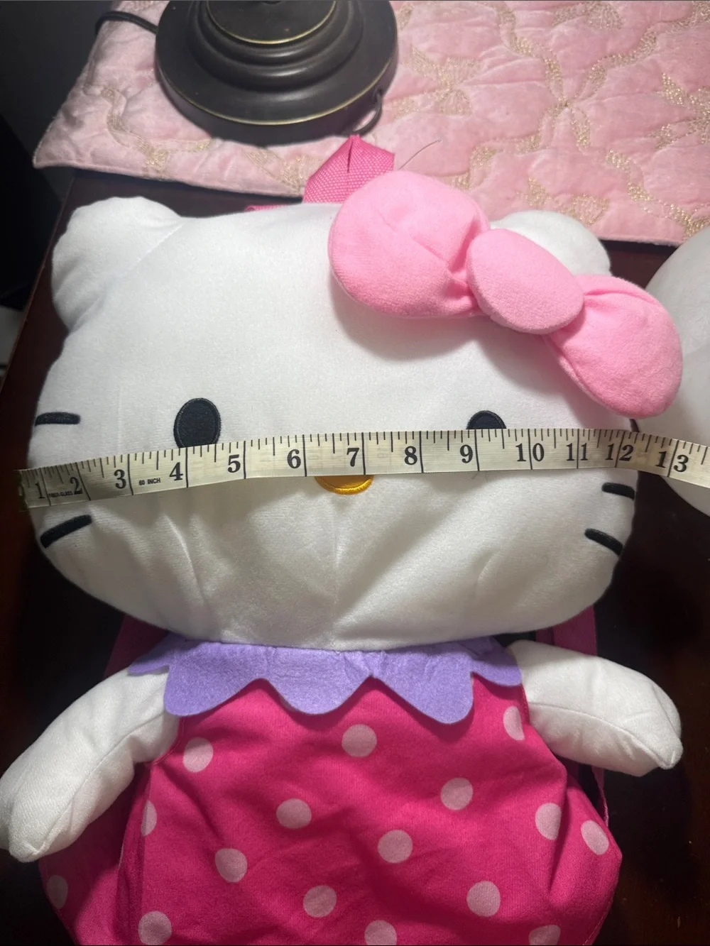 Hello Kitty Pink Polka Dot Plush Backpack with Purple Collar and Pink Bow